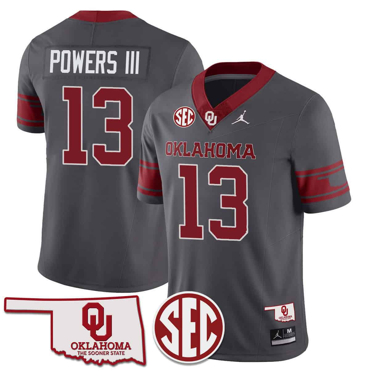 Men Oklahoma Sooners #13 Powers iii Grey 2024 SEC Patch Vapor Premier Limited NCAA Jersey